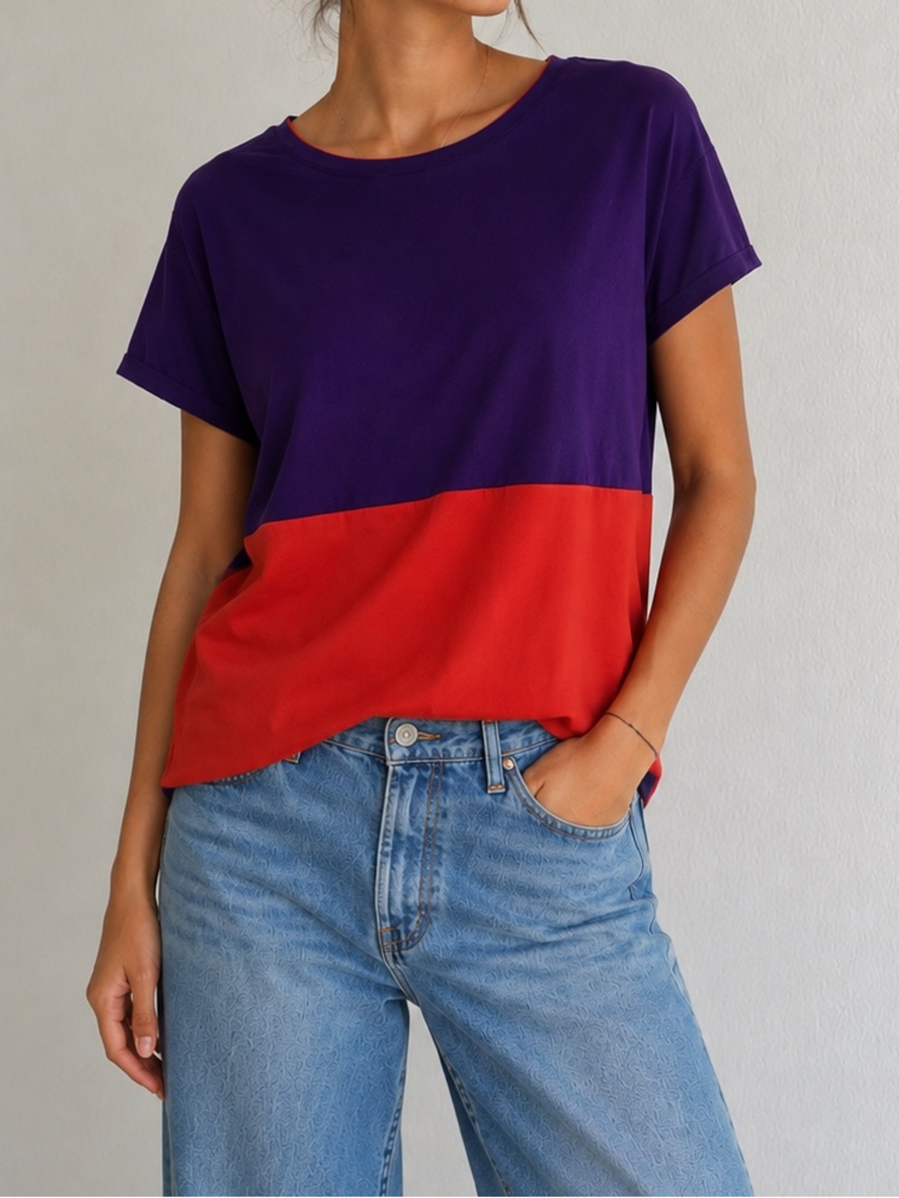 Yessica Purple & Red Colorblock Short Sleeve Women's Top